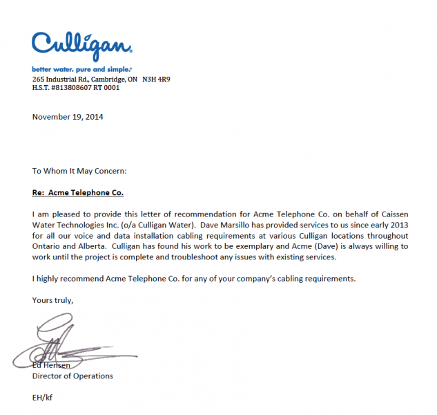 culligan reference letter